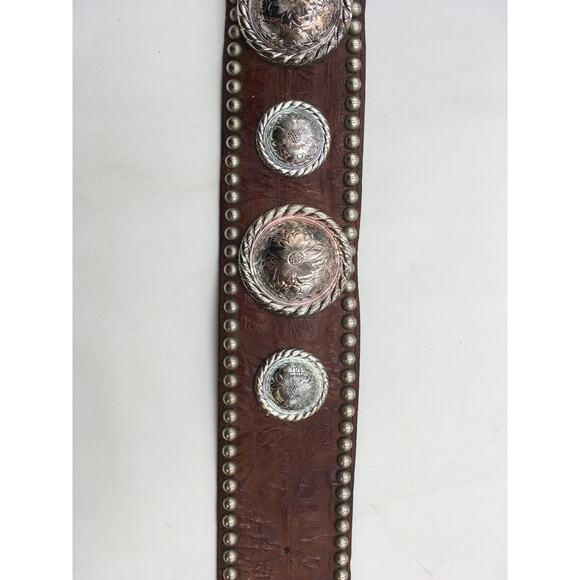 Al Beres Oversized Brown Leather Sterling Plate Western Belt Embossed Flowers - Picture 6 of 10